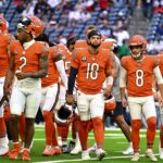Chicago Bears quarterback Caleb Williams (18) and teammates break from a huddle up prior to the game against the Houston Texans of an NFL football game, Sunday, Sept. 15, 2024 in Houston. (AP Photo/Maria Lysaker)