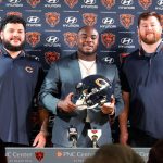 Chicago Bears football guard Jonah Jackson, left, defensive tackle Grady Jarrett, center, and football guard Joe Thuney, pose for photo during a news conference at Halas Hall in Lake Forest, Ill., Wednesday, March 12, 2025. (AP Photo/Nam Y. Huh)